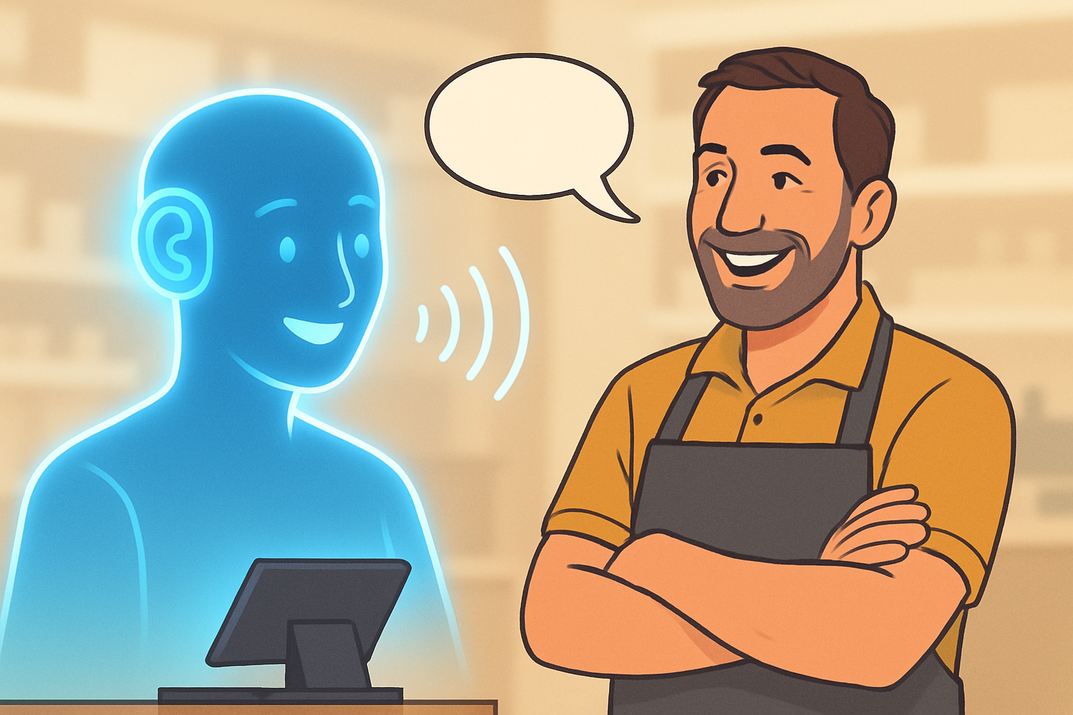 a friendly AI answering agent interacting with a retail store owner, conveying efficiency and modernization."